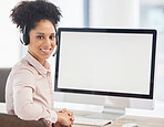 Mockup, call center or black woman for customer support, contact us or working on computer in office with smile. Sales advisor, customer service or girl for consulting, tech help or CRM telemarketing