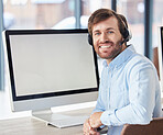 Call center, computer and mockup with businessman in office for customer service, technical support or consulting. Technology, digital and website with employee and microphone for help desk advisor 
