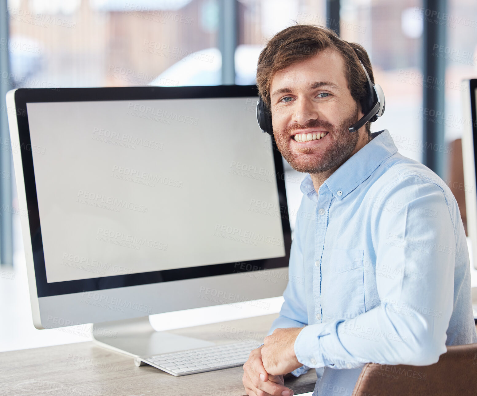 Buy stock photo Call center, computer and mockup with businessman in office for customer service, technical support or consulting. Technology, digital and website with employee and microphone for help desk advisor 
