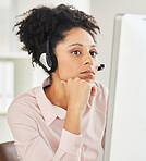 Call center, sad and black woman reading email, consulting anxiety and thinking with a telemarketing computer. Mental health, crm and customer service worker giving advice as a consultant online