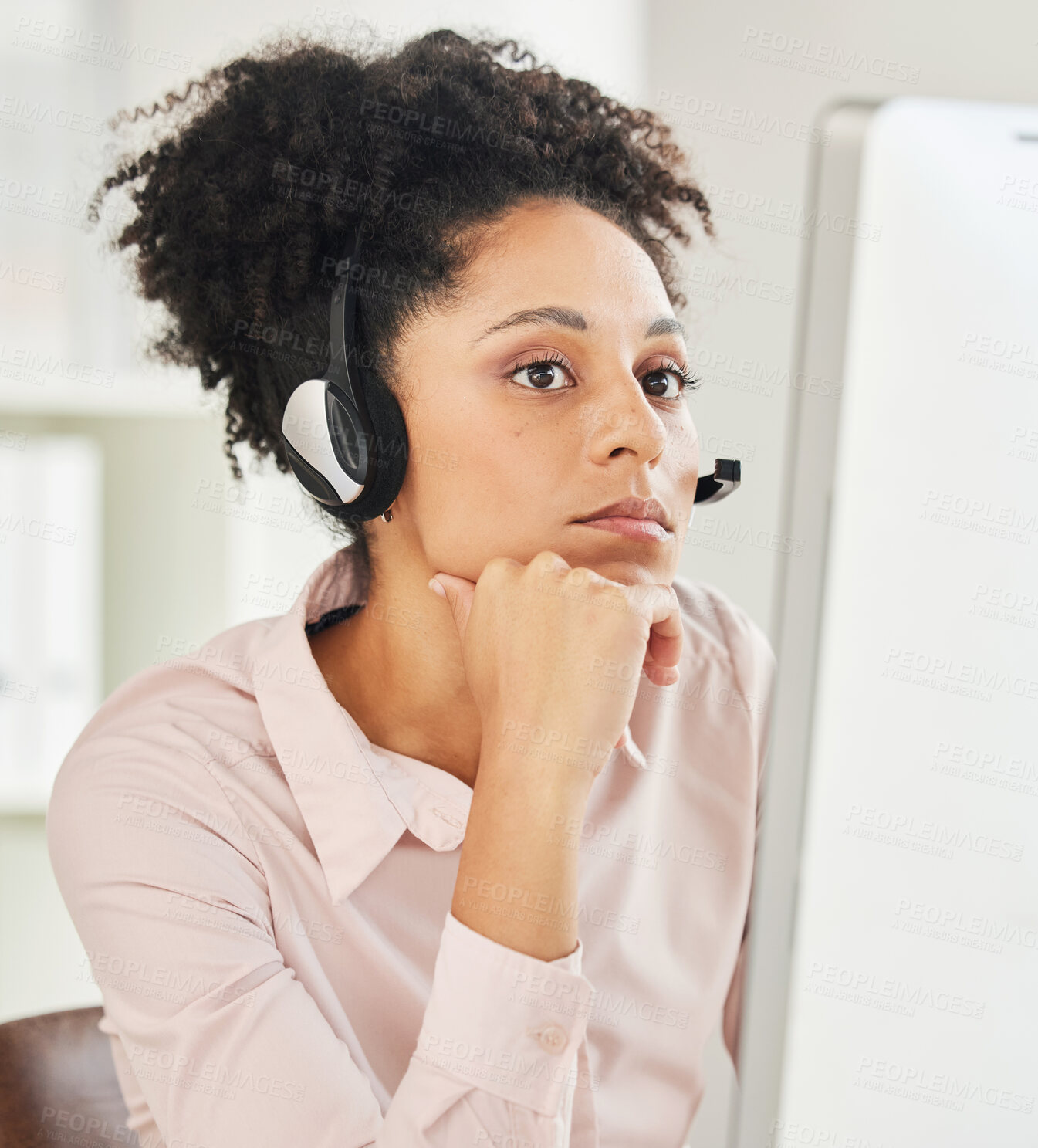 Buy stock photo Call center, sad and black woman reading email, consulting anxiety and thinking with a telemarketing computer. Mental health, crm and customer service worker giving advice as a consultant online
