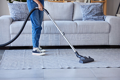 Buy stock photo woman, vaccum and cleaning living room floor or carpet for home hygiene, housework and maid spring cleaning. Cleaner, house maintenance and service lady dust dirt on rug or housekeeping in lounge