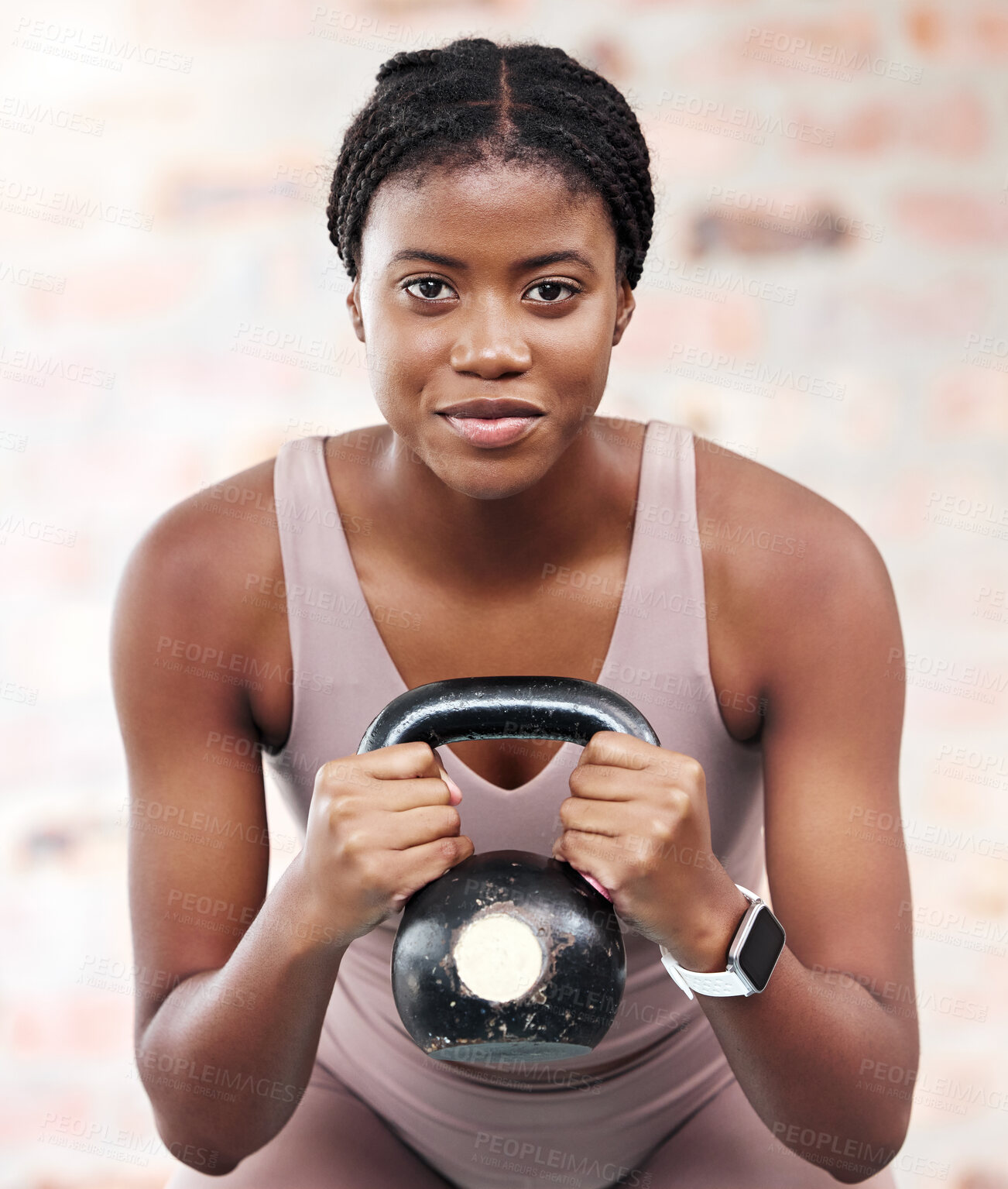 Buy stock photo Exercise, workout and black woman with kettle ball for strength, health or wellness. Sports, fitness and face portrait of female athlete from Nigeria with weight for lifting, training and exercising.