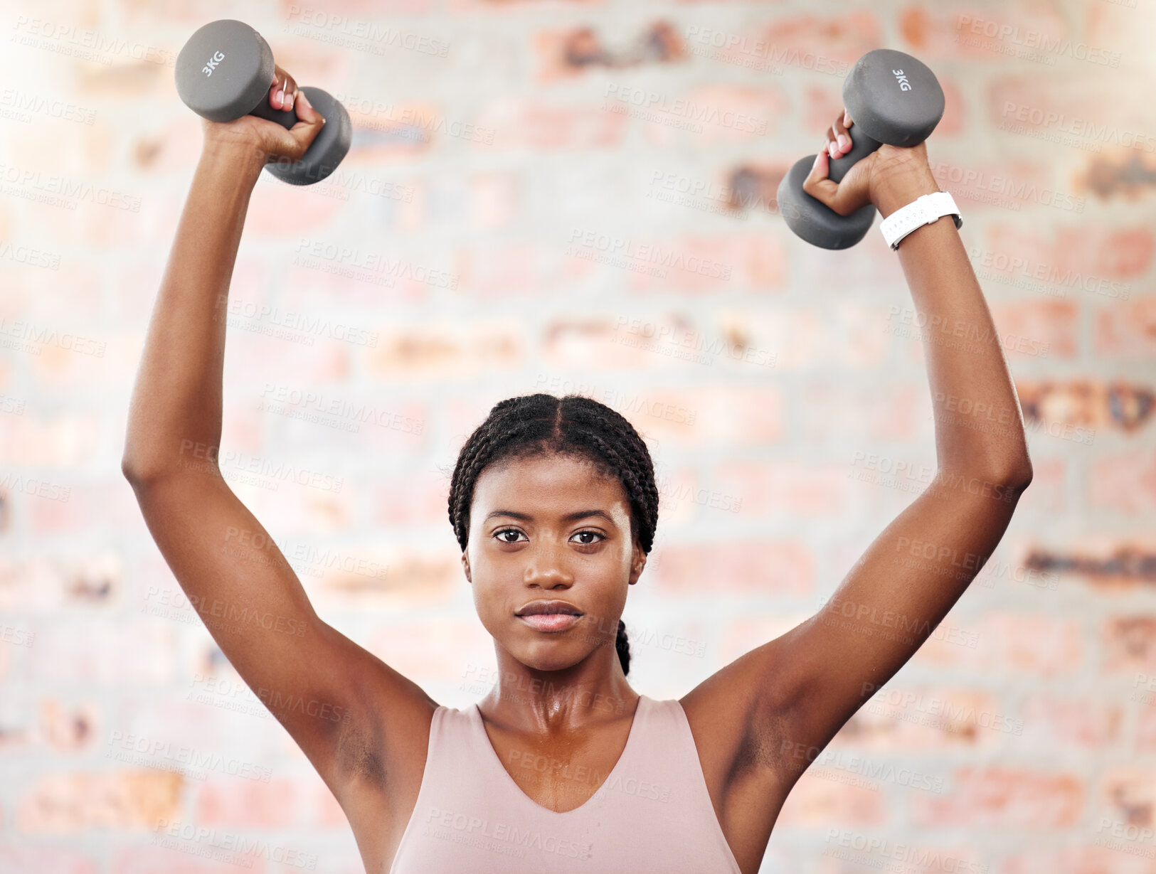 Buy stock photo Strength training, fitness dumbbells and black woman in gym, health exercise and motivation for body goal. Strong, power and portrait of an African athlete with weights for cardio and to lose weight