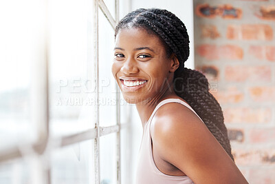 Buy stock photo Face portrait, black woman and smile in gym by window after workout, training or exercise. Sports, wellness or happy female athlete from Nigeria in fitness center on break after exercising for health