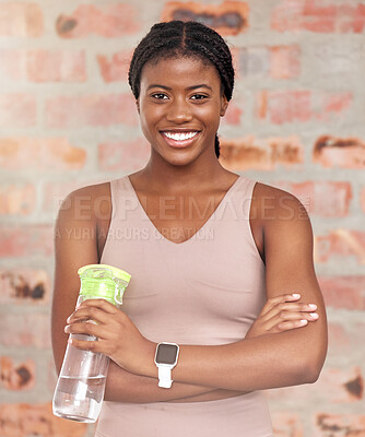 Buy stock photo Fitness, portrait or black woman with water bottle to start training routine, cardio exercise or workout. Happy face, gym or healthy sports girl ready for for body goals, target or challenge in Kenya