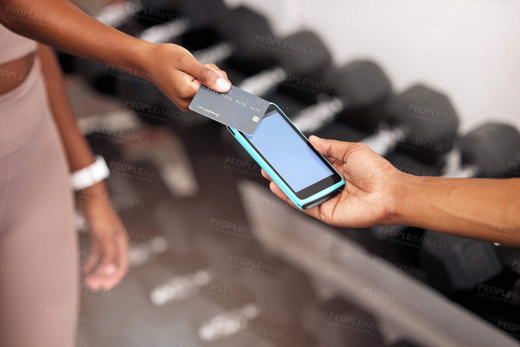 Buy stock photo Payment, machine and woman with a credit card at the gym for a fitness contract or purchase. Card, bill and girl paying her personal trainer after training, workout or exercise at a sports center.