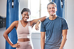 Health, black woman and man exercise in gym, fitness and friends with motivation and support. Personal trainer, athlete and workout for goal, portrait and challenge for wellness, training and energy.