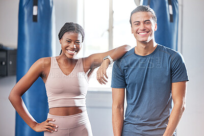 Buy stock photo Health, black woman and man exercise in gym, fitness and friends with motivation and support. Personal trainer, athlete and workout for goal, portrait and challenge for wellness, training and energy.