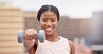 Fitness, gym and portrait of black woman with dumbbell, smile and motivation for wellness and power in training. Sports, muscle building and exercise goals, happy face of woman with energy at workout