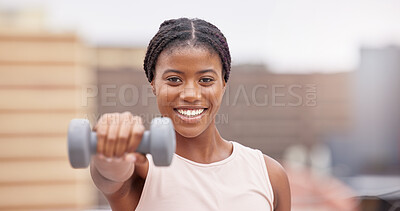 Buy stock photo Fitness, gym and portrait of black woman with dumbbell, smile and motivation for wellness and power in training. Sports, muscle building and exercise goals, happy face of woman with energy at workout