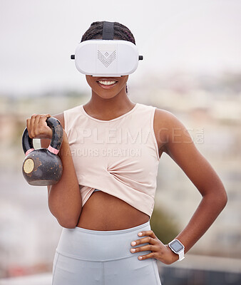 Buy stock photo Fitness, virtual reality and black woman with kettlebell, metaverse and futuristic tech, weight exercise and athlete. Weightlifting, vr glasses and workout outdoor, augmented reality and technology.