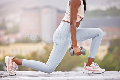 Buy stock photo Fitness, woman legs and dumbbells for weightlifting outdoor, weights and body building with training in urban cityscape. Exercise, workout in city and lunges with strong athlete and health wellness.