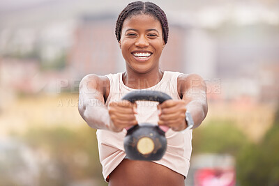 Buy stock photo Fitness, kettlebell and portrait of woman in city doing a weight training exercise for strength. Sports, African lady and happy athlete doing muscle workout with motivation, health and focus in town.