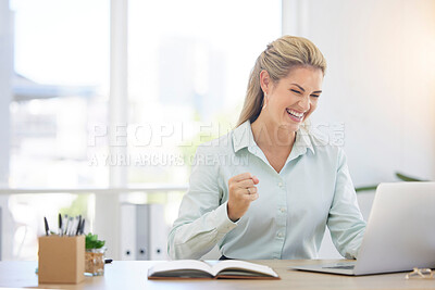 Buy stock photo Success, laptop and winner with business woman in office for deal, growth or stock market target. Wow, goals and good news with fist of employee for achievement, future or sale on trading idea