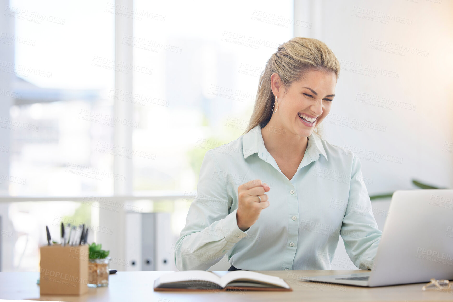 Buy stock photo Success, laptop and winner with business woman in office for deal, growth or stock market target. Wow, goals and good news with fist of employee for achievement, future or sale on trading idea