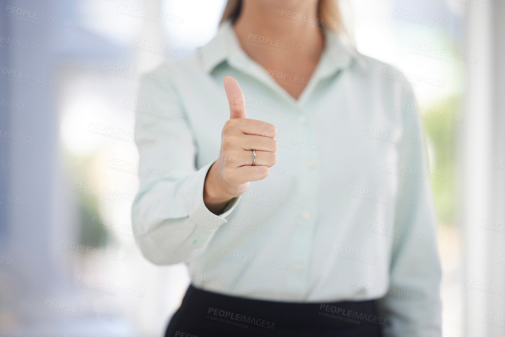 Buy stock photo Business woman, hand and thumbs up for yes, good job or corporate success at the workplace. Female showing great thumbsup gesture or sign in congratulations, approval or good news at the office
