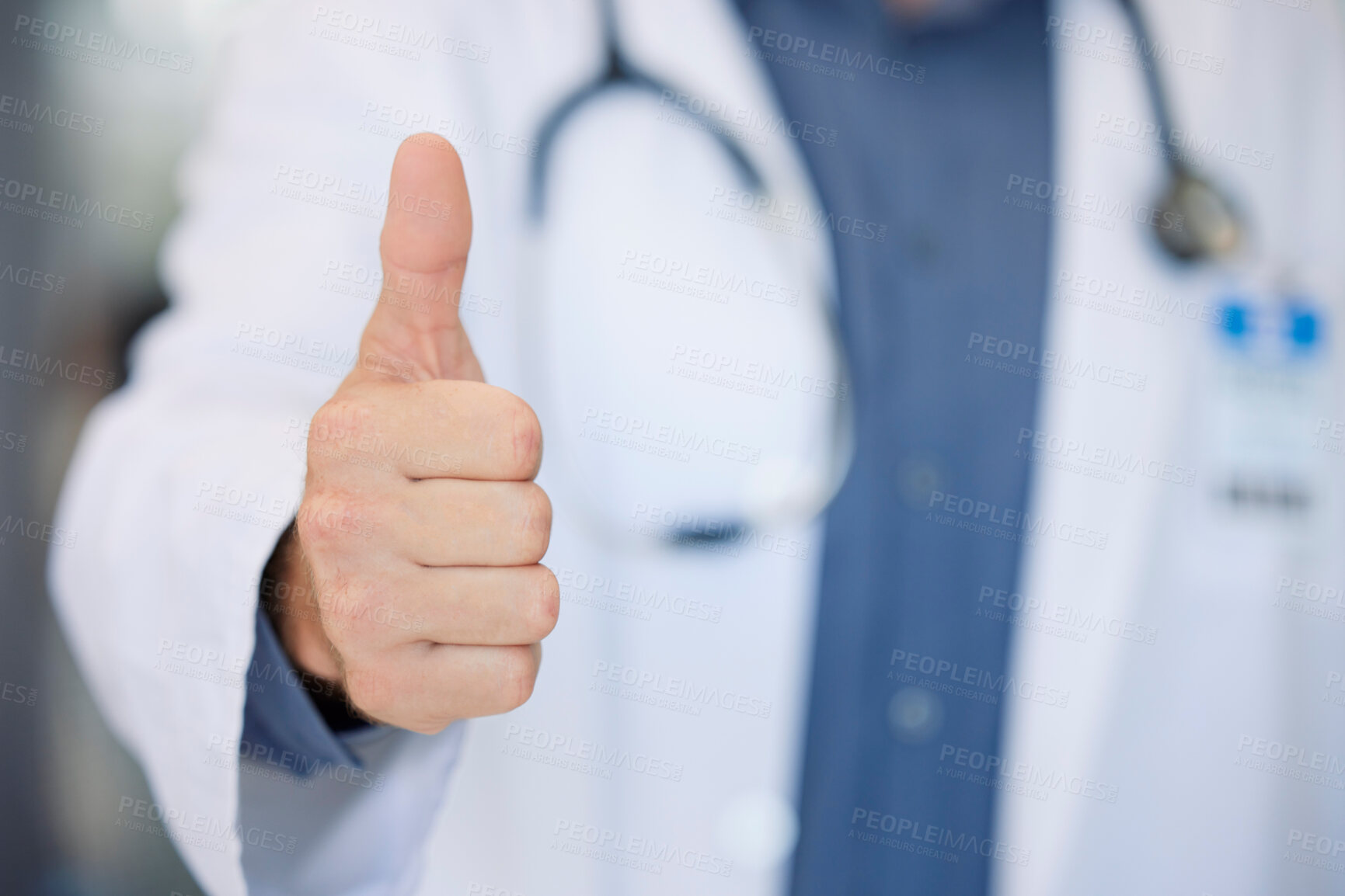 Buy stock photo Winner, success and doctor thumbs up at hospital for agreement, achievement or thank you. Healthcare, cardiology and professional medical man approval, ok or vote in medicare career.


