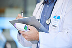 Doctor hands writing, clipboard and thermometer in hospital to record patient symptoms, results or information. Covid, checklist and man or medical physician write notes on documents for research.