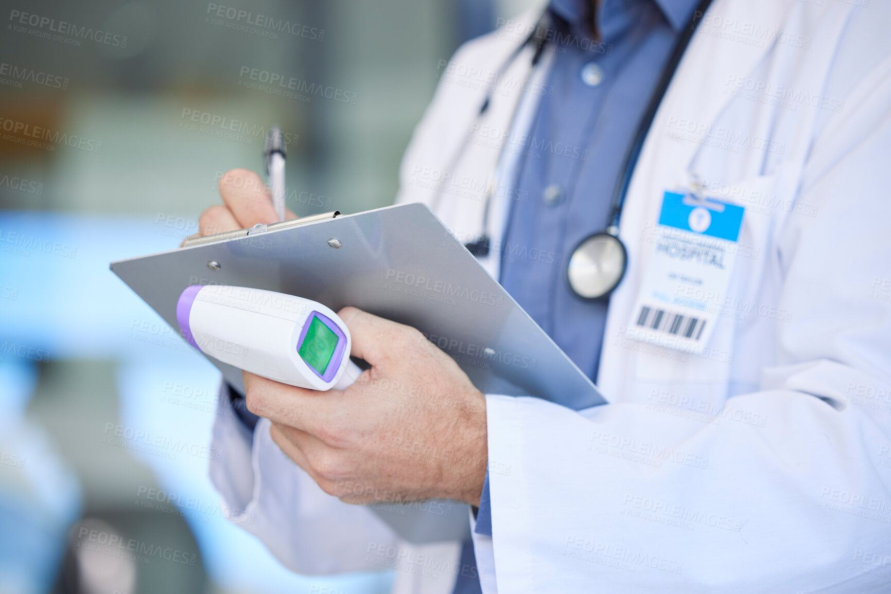 Buy stock photo Doctor hands writing, clipboard and thermometer in hospital to record symptoms, results or information. Covid, checklist and man or medical physician write notes on documents for research in clinic.