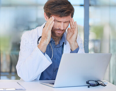 Buy stock photo Headache, burnout and doctor in hospital office feeling pain or migraine while working on laptop. Mental health, anxiety and medical physician from Canada with stress or depression after surgery fail