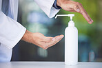 Compliance, cleaning or hands with sanitizer for bacteria to stop dusty, messy or dirty fingers spread a virus. Zoom, doctor or healthcare worker hand washing with liquid soap in spray bottle at job