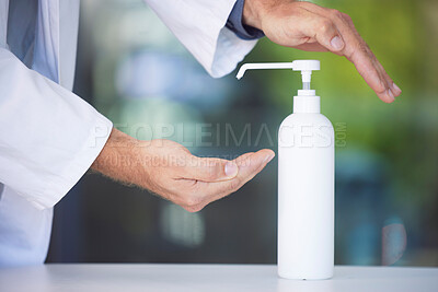 Buy stock photo Compliance, cleaning or hands with sanitizer for bacteria to stop dusty, messy or dirty fingers spread a virus. Zoom, doctor or healthcare worker hand washing with liquid soap in spray bottle at job