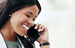 Happy, talking and black woman on a phone call in office, conversation or business deal negotiation on mobile. Good news communication, connection and woman at work laughing and smiling on smartphone