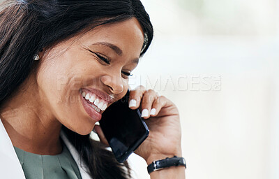 Buy stock photo Happy, talking and black woman on a phone call in office, conversation or business deal negotiation on mobile. Good news communication, connection and woman at work laughing and smiling on smartphone