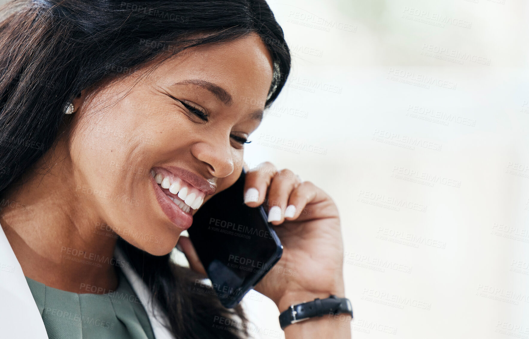 Buy stock photo Happy, talking and black woman on a phone call in office, conversation or business deal negotiation on mobile. Good news communication, connection and woman at work laughing and smiling on smartphone