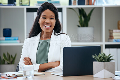 Buy stock photo Face, leadership and black woman with arms crossed in office ready for tasks, goals and targets. Boss, ceo and portrait of happy manager from Nigeria at desk with vision, smile and success mindset.
