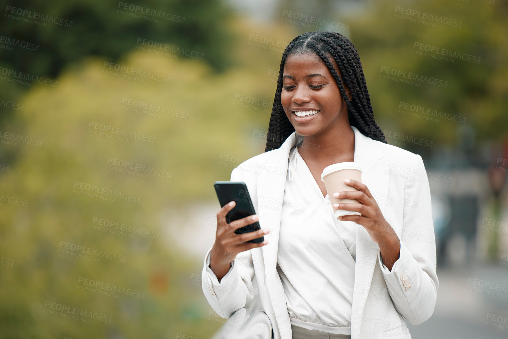 Buy stock photo Coffee, social media and black woman with a phone in a park for 5g communication, email and mobile app in Argentina. Business, reading and employee with a mobile for a chat and tea on a nature walk