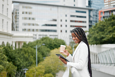 Buy stock photo Black woman, digital tablet and coffee on a rooftop, work schedule and reading email while on break outdoor. Business woman, happy smile and funny online post or social media, morning and New york 