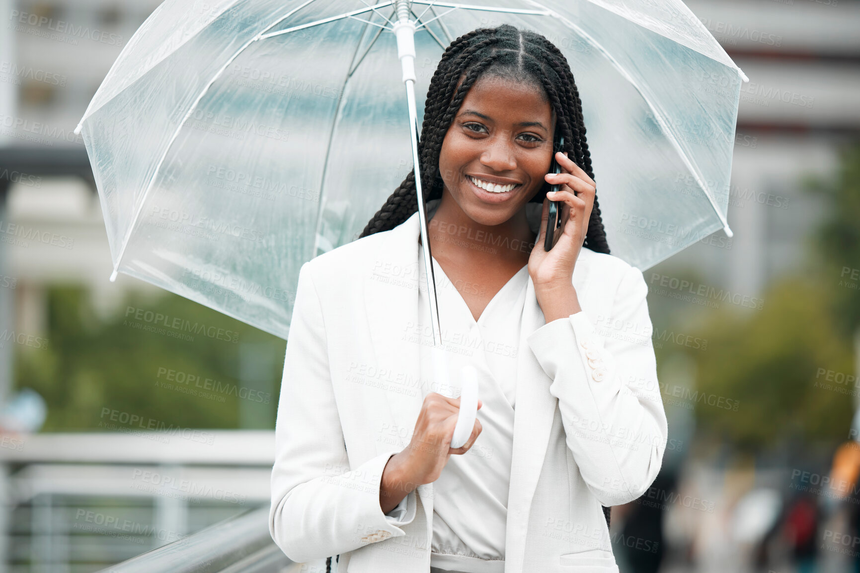 Buy stock photo Business, black woman and phone call in city, communication and technology with travel to work and rain with umbrella. Phone, talking and professional portrait with networking, commute in New York.