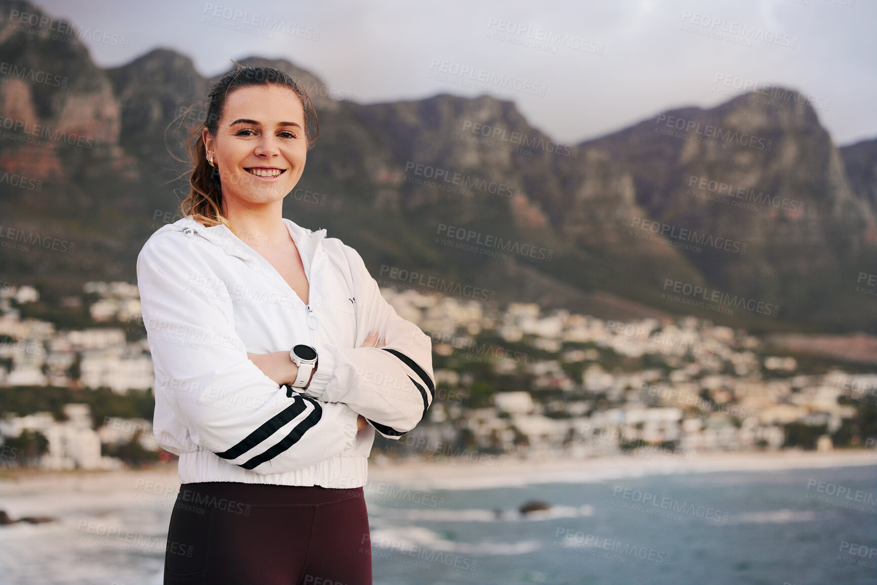 Buy stock photo Fitness, beach and portrait of a woman athlete after doing cardio training by the ocean in Australia. Happy, smile and healthy female runner doing an outdoor exercise or workout in nature by the sea.