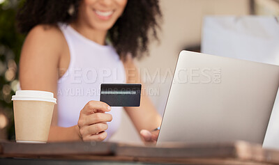 Buy stock photo Online shopping, smile and woman with laptop and credit card surfing internet for Christmas gift in cafe. Ecommerce, shopping and black woman in coffee shop on online search for discount retail sale.