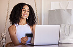 Credit card, laptop and online shopping, payment and bills in home, happy smile and sale promotion, discount and buy. Ecommerce, black woman and internet subscription upgrade, buying and banking