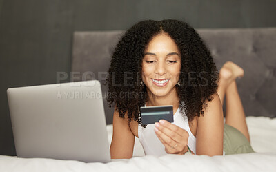Buy stock photo Credit card, online shopping or black woman on bed with laptop for bill payment, ecommerce or investment. Happy, crypto or girl relax in bedroom for trading, bitcoin invest or digital banking app
