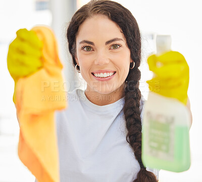Buy stock photo Woman, hands and smile with cleaning tools for disinfection, hygiene or domestic house work. Portrait of happy female cleaner holding cloth and spray bottle detergent for clean anti bacteria at home