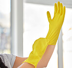 Hands, woman and gloves for cleaning home, hygiene and wellness. Cleaning service, spring cleaning and female ready to start work, sanitize and disinfect to remove dust, germs or bacteria in house.