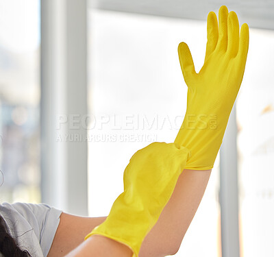 Buy stock photo Hands, woman and gloves for cleaning home, hygiene and wellness. Cleaning service, spring cleaning and female ready to start work, sanitize and disinfect to remove dust, germs or bacteria in house.