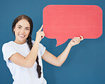 Social media, mockup or woman in studio with speech bubble for marketing, product placement or branding space. Portrait, advertising or happy girl with a poster for communication, review or feedback