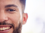 Smile, half and face of a businessman with mockup at work, recruitment and happy at professional company. Hiring office, human resources and portrait of a worker with happiness and mock up space