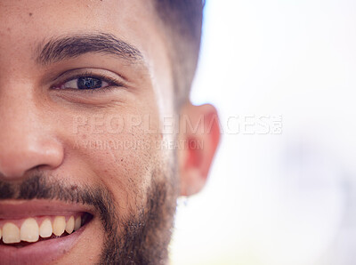 Buy stock photo Smile, half and face of a businessman with mockup at work, recruitment and happy at professional company. Hiring office, human resources and portrait of a worker with happiness and mock up space