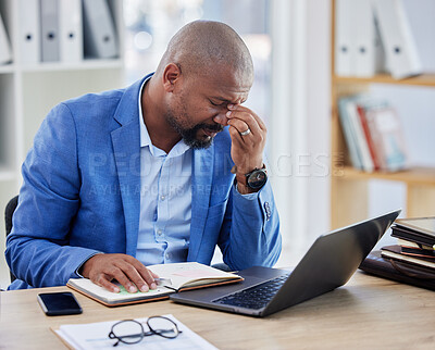 Buy stock photo Headache, stress and businessman on laptop in his office with accounting management, finance planning and company kpi review. Burnout, sad and depression of a corporate black man with pain or problem