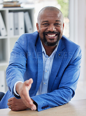 Buy stock photo Welcome, black ceo man and happy portrait in office for introduction, business meeting and partnership collaboration. Onboarding interview, shaking hands and african businessman smile for thank you