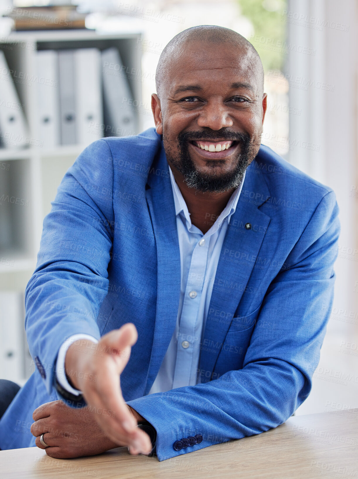 Buy stock photo Welcome, black ceo man and happy portrait in office for introduction, business meeting and partnership collaboration. Onboarding interview, shaking hands and african businessman smile for thank you