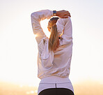 Fitness, workout and woman stretching before running hiking or marathon training from back at sunset. Health, wellness and sports, stretch motivation to exercise for girl hiker, athlete or runner.
