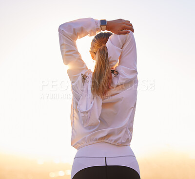 Buy stock photo Fitness, workout and woman stretching before running hiking or marathon training from back at sunset. Health, wellness and sports, stretch motivation to exercise for girl hiker, athlete or runner.

