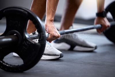 Buy stock photo Barbell, fitness and strong hands of man in bodybuilder training for muscle power, legs challenge and workout. Sports, energy exercise and strong body builder in gym with feet zoom on floor or ground